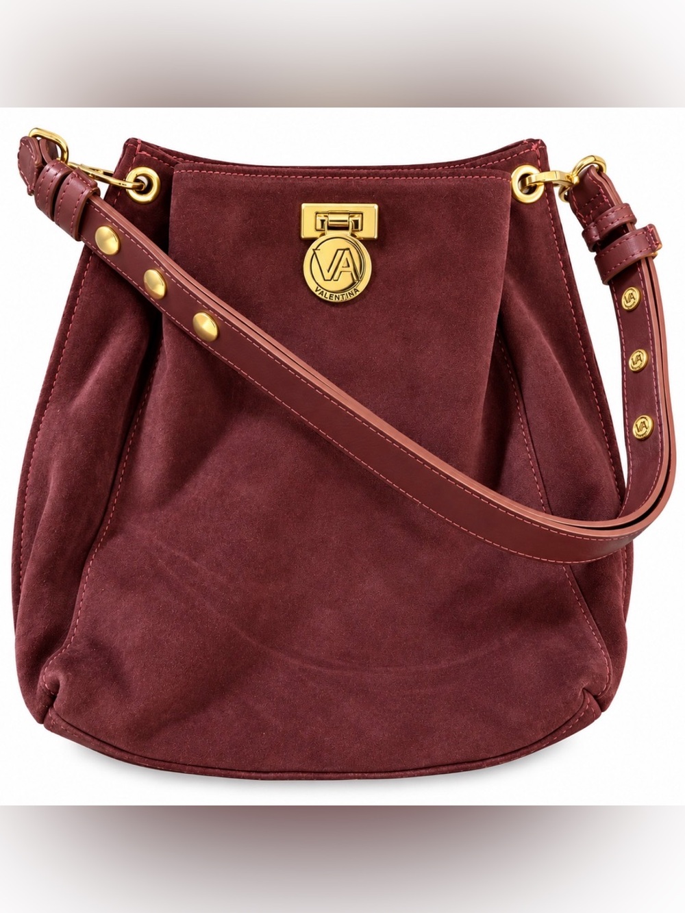 Valentina Wine Suede Shoulder Bag with Gold Hardware